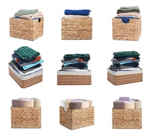 Image of Collage with laundry baskets full of clothes and towels on white background, views from different sides