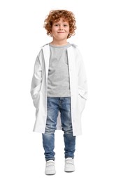 Photo of Full length portrait of little boy in medical uniform on white background