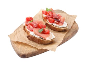 Photo of Tasty bruschettas with prosciutto, tomatoes and cheese on white background