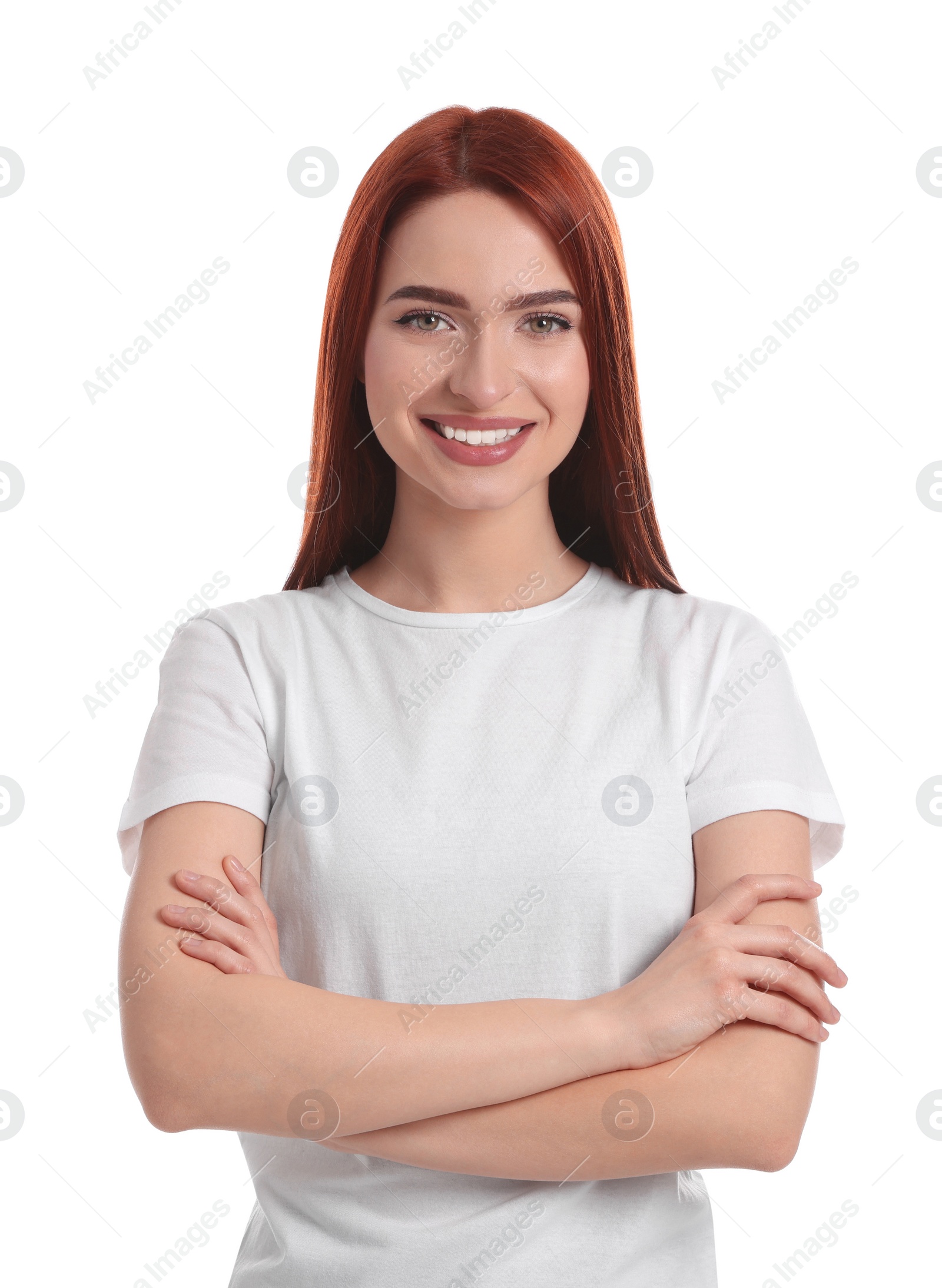 Photo of Happy woman with red dyed hair on white background