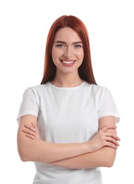 Photo of Happy woman with red dyed hair on white background