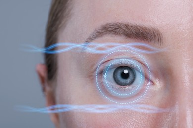 Image of Vision test. Woman and digital scheme focused on her eye against grey background, closeup