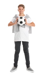 Photo of Teenage boy with soccer ball on white background