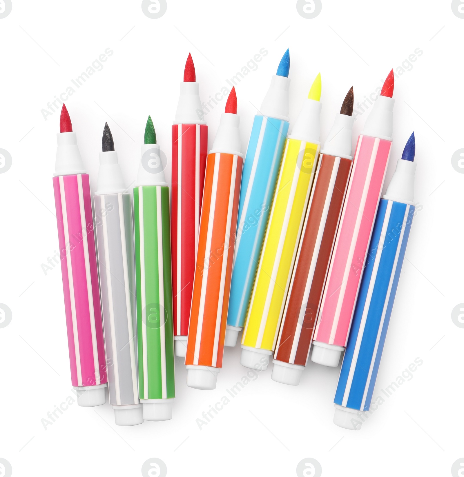 Photo of Many bright markers isolated on white, top view