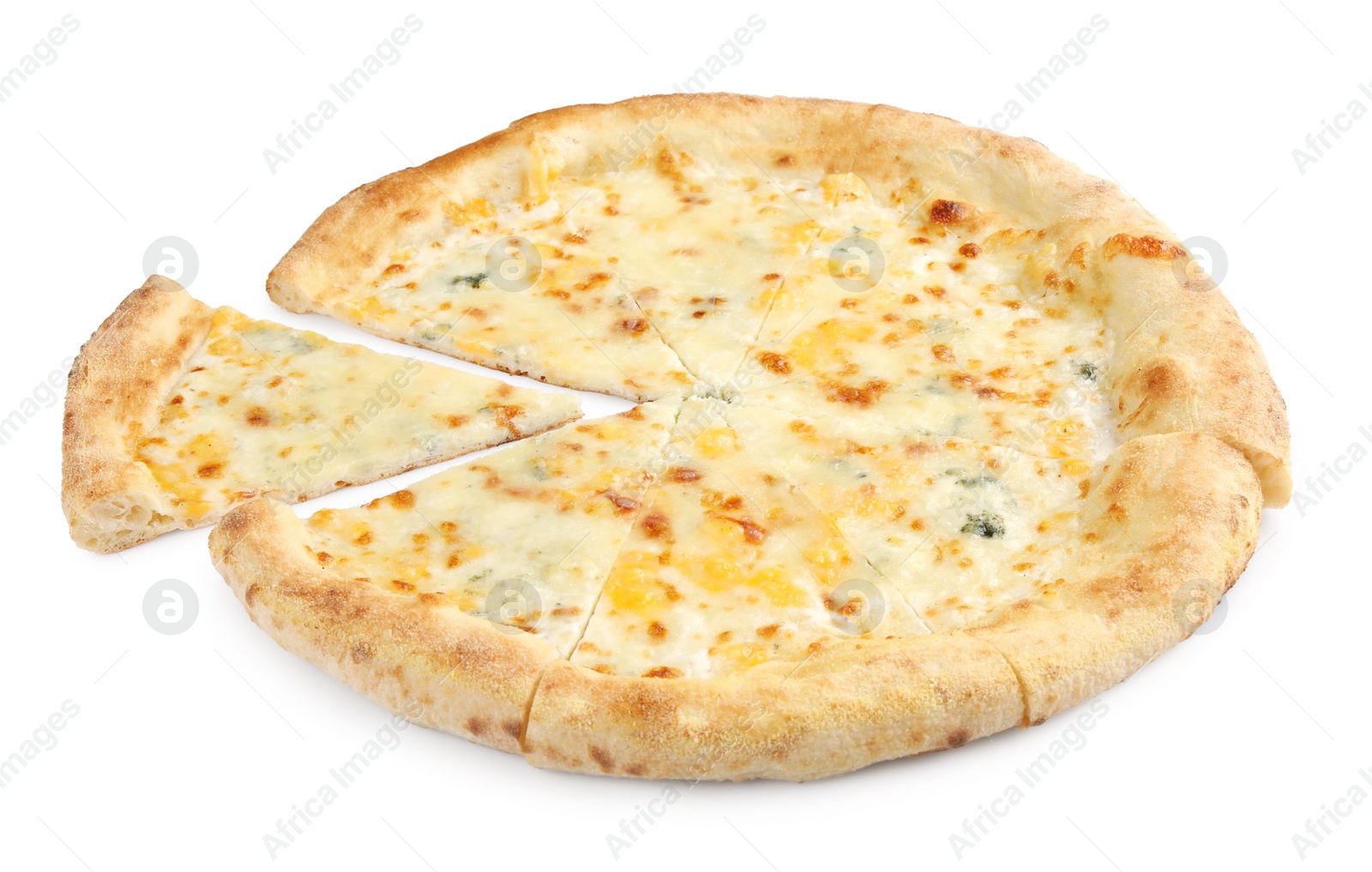 Photo of Delicious cut cheese pizza isolated on white