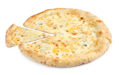 Delicious cut cheese pizza isolated on white