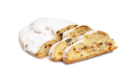 Traditional Christmas Stollen with icing sugar on white background