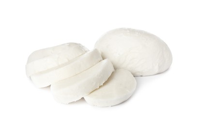 Photo of Delicious mozzarella cheese slices on white background