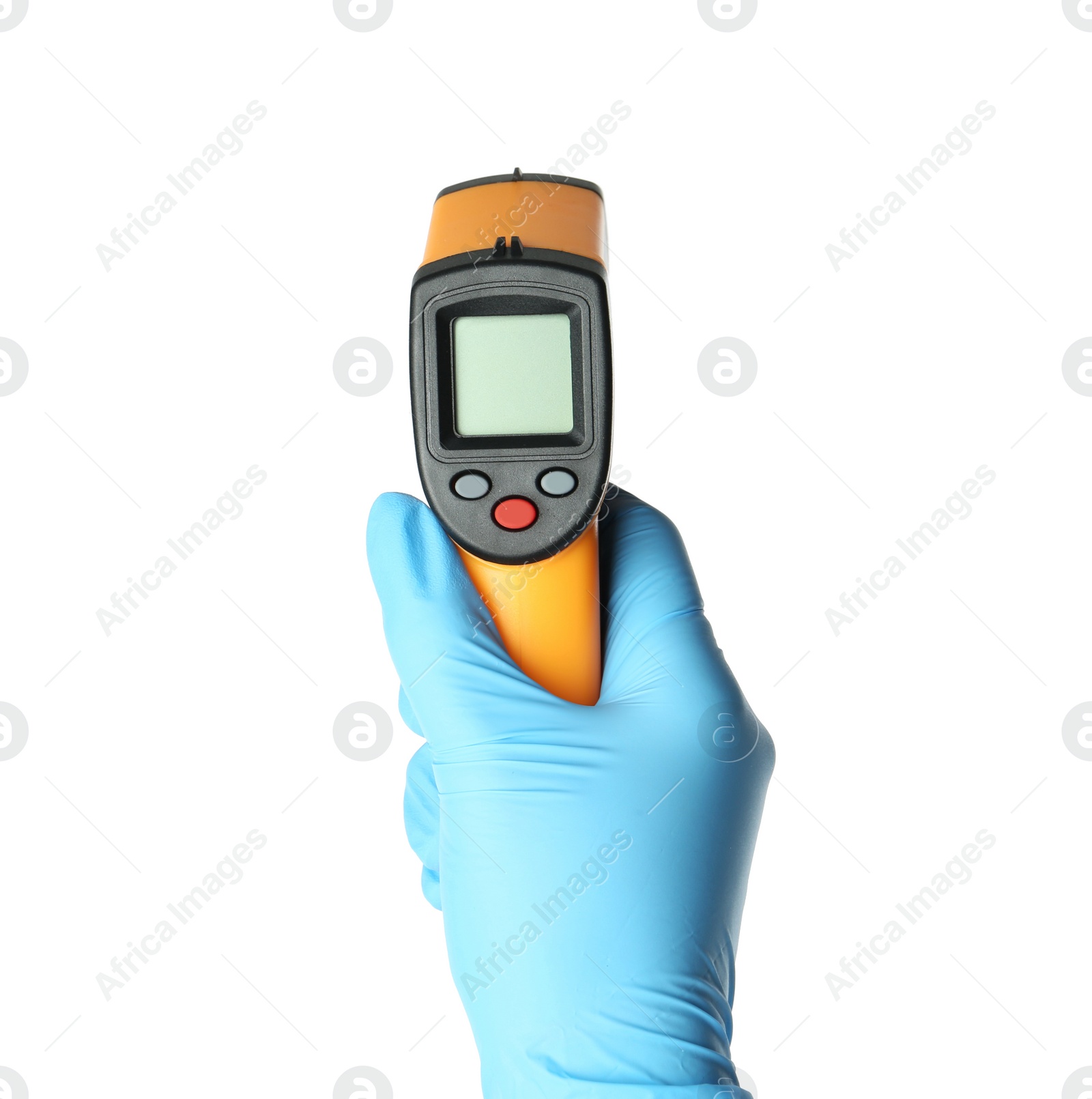 Photo of Doctor in latex gloves holding non-contact infrared thermometer on white background, closeup