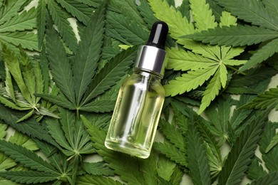 Bottle of CBD oil or THC tincture on fresh hemp leaves, top view