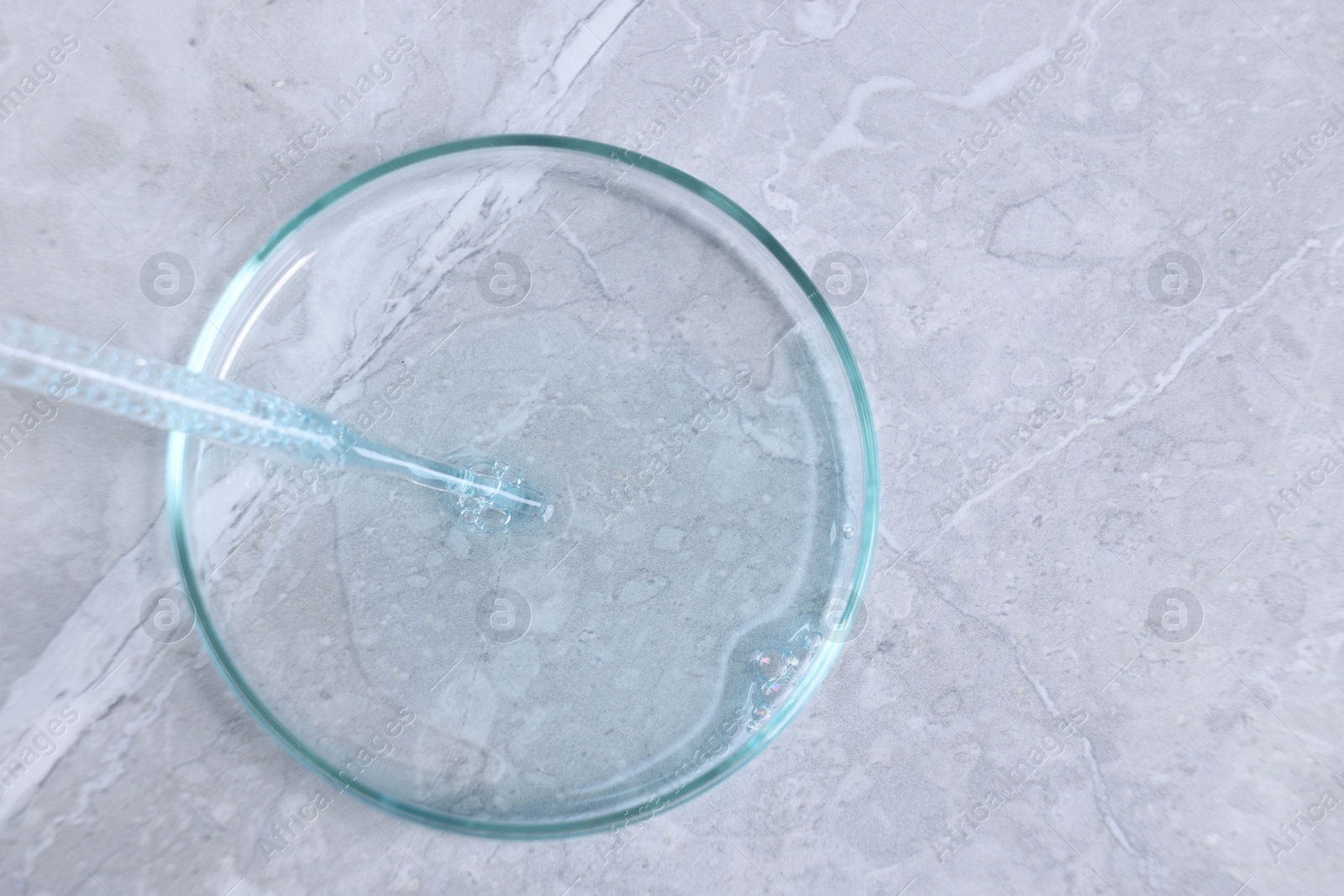 Photo of Glass pipette and petri dish with liquid on grey marble table, top view. Space for text