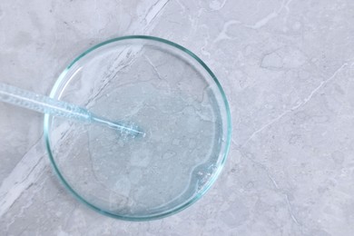 Photo of Glass pipette and petri dish with liquid on grey marble table, top view. Space for text