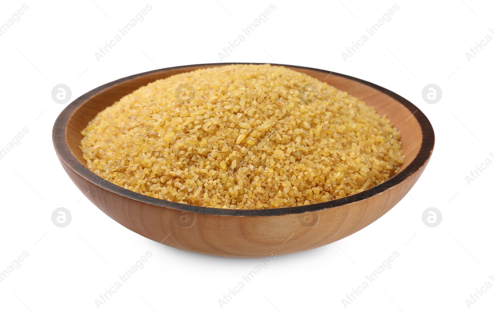 Photo of Bowl of raw bulgur isolated on white