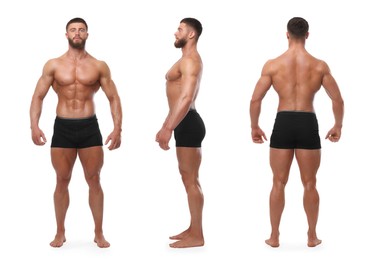 Image of Handsome bodybuilder in underwear on white background. Front, side and back photos
