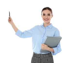 Photo of Portrait of young female teacher on white background