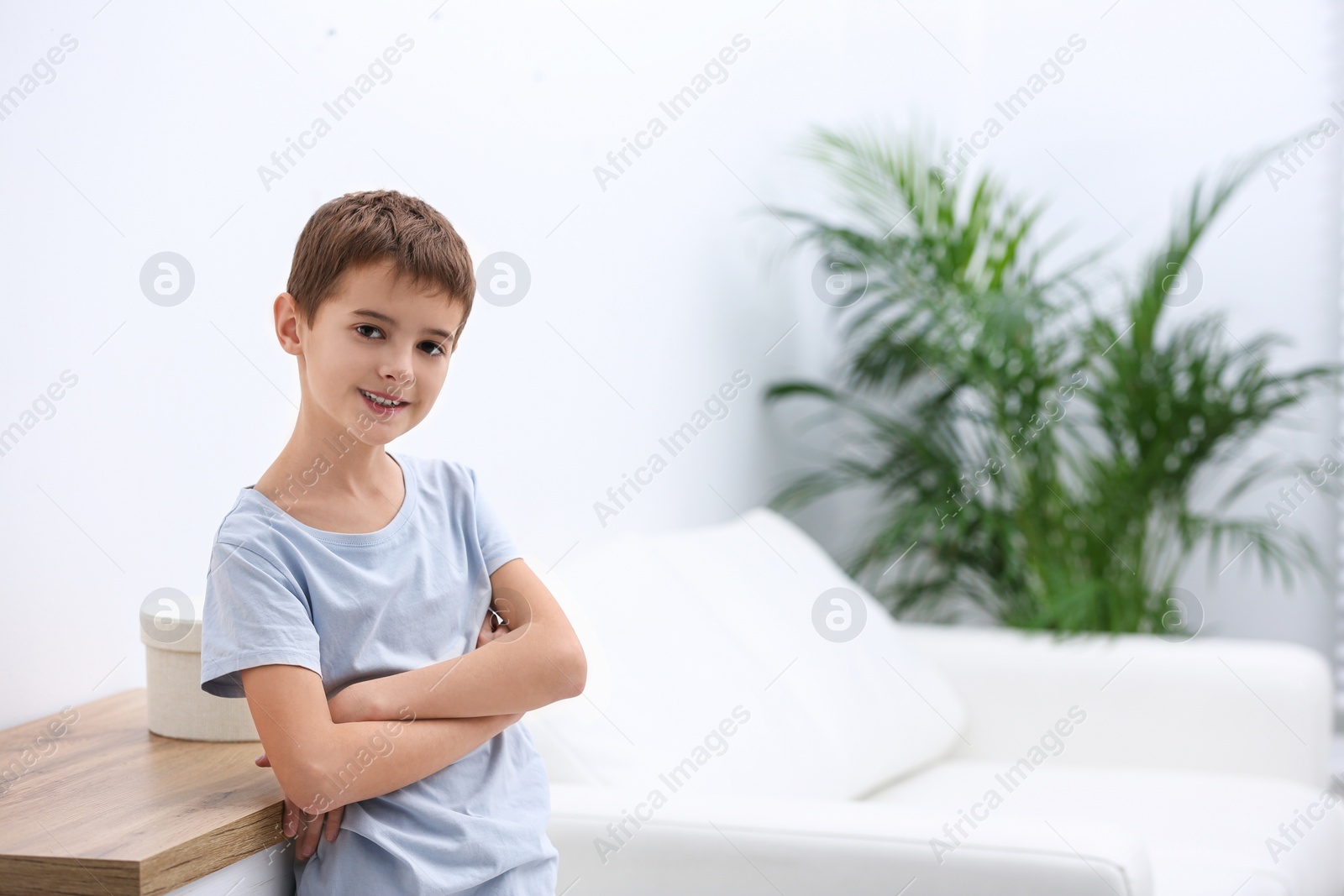 Photo of Cute little boy posing in living room