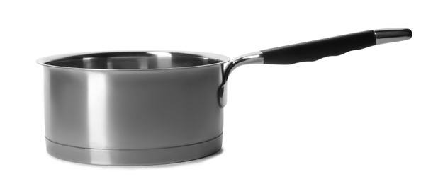 Photo of Empty modern steel saucepan isolated on white