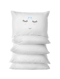 Image of Stack of soft pillows, one with cute face on white background