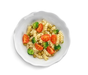 Photo of Tasty pasta salad with vegetables on white background