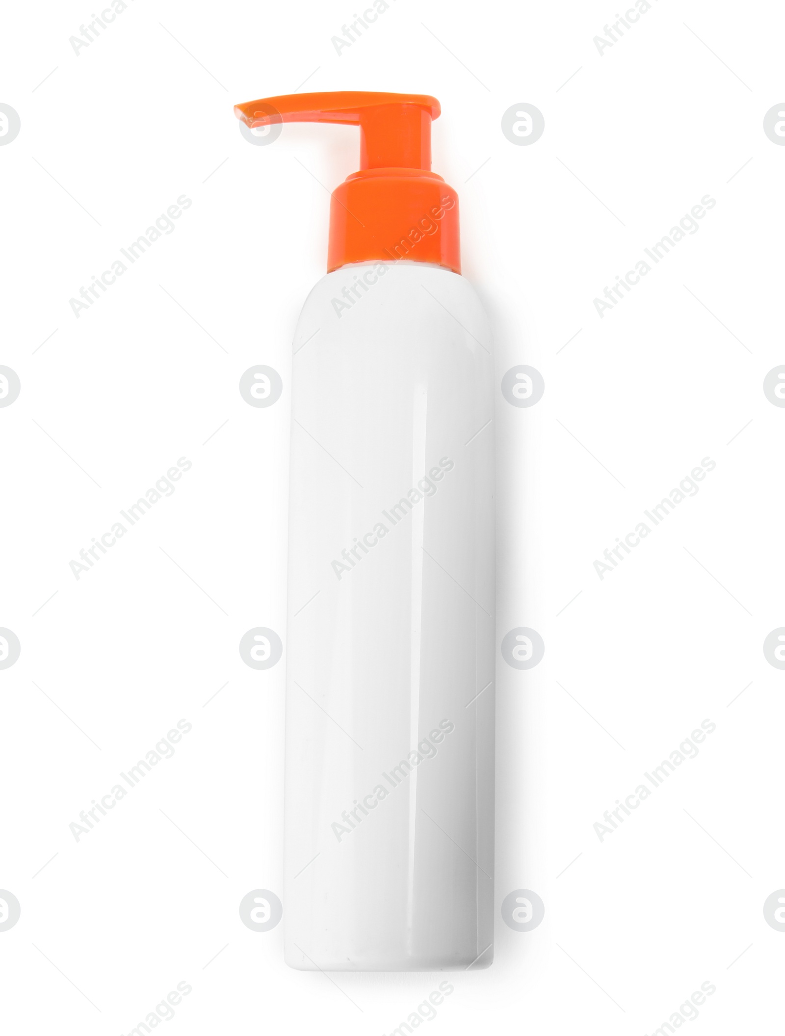 Photo of Bottle with sun protection body cream on white background