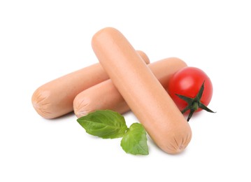 Photo of Delicious boiled sausages, tomato and basil on white background