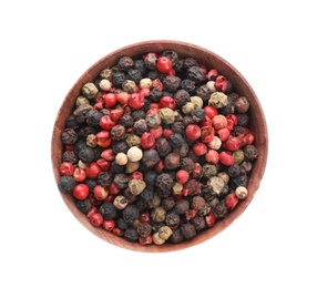 Photo of Wooden bowl with different pepper grains on white background, top view