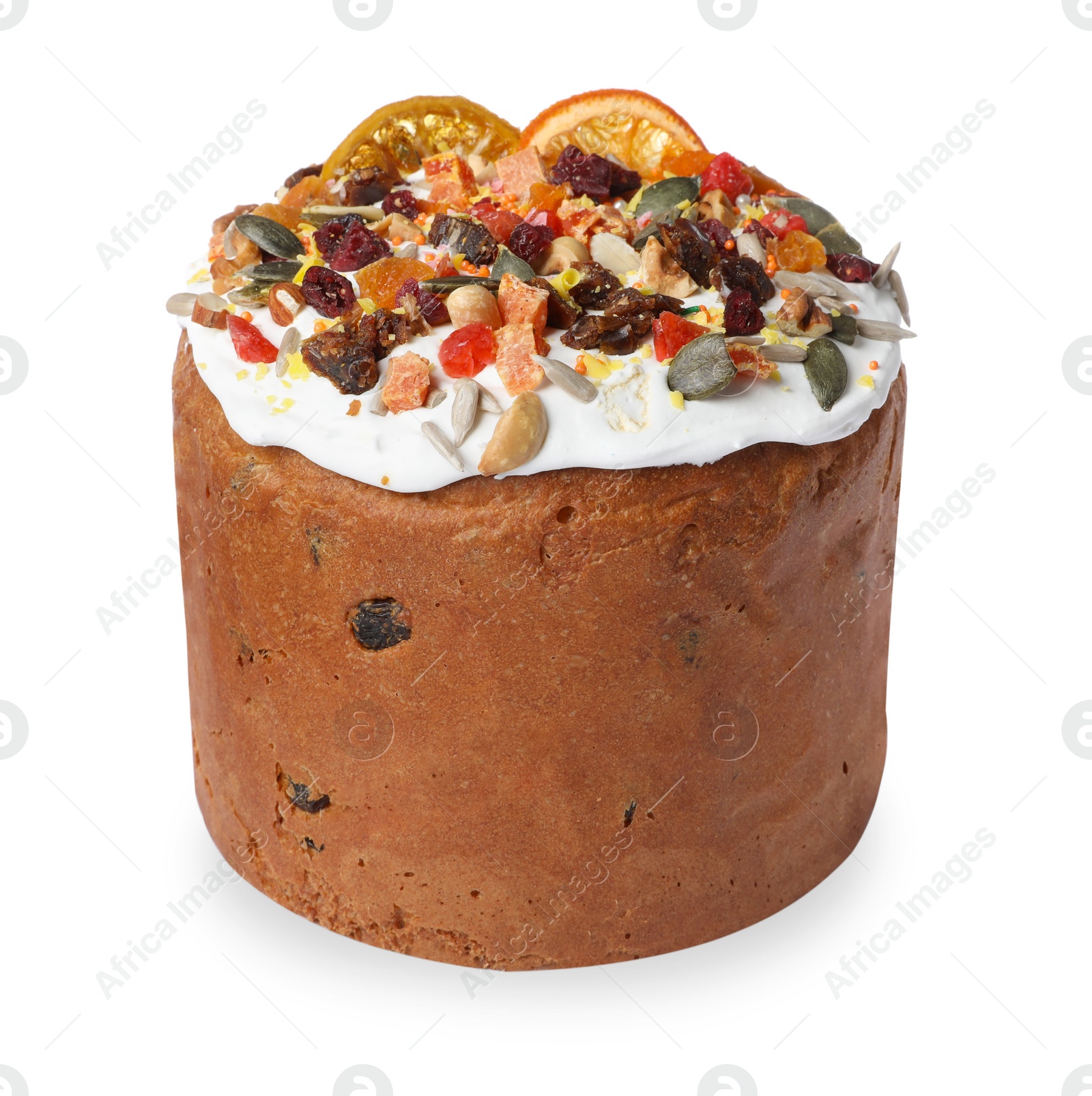 Photo of Traditional Easter cake with sprinkles and dried fruits isolated on white