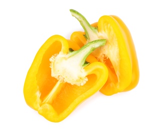 Photo of Halves of yellow bell pepper isolated on white, top view