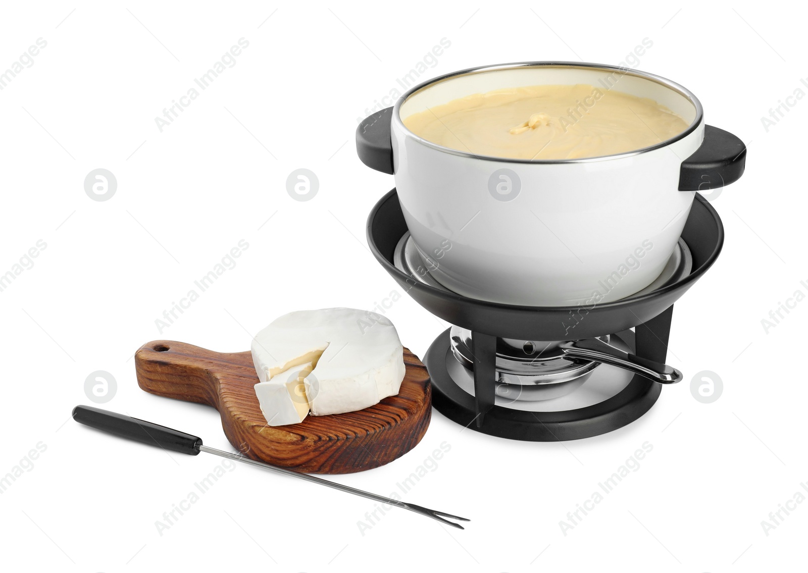 Photo of Fondue with tasty melted cheese, camembert and fork isolated on white