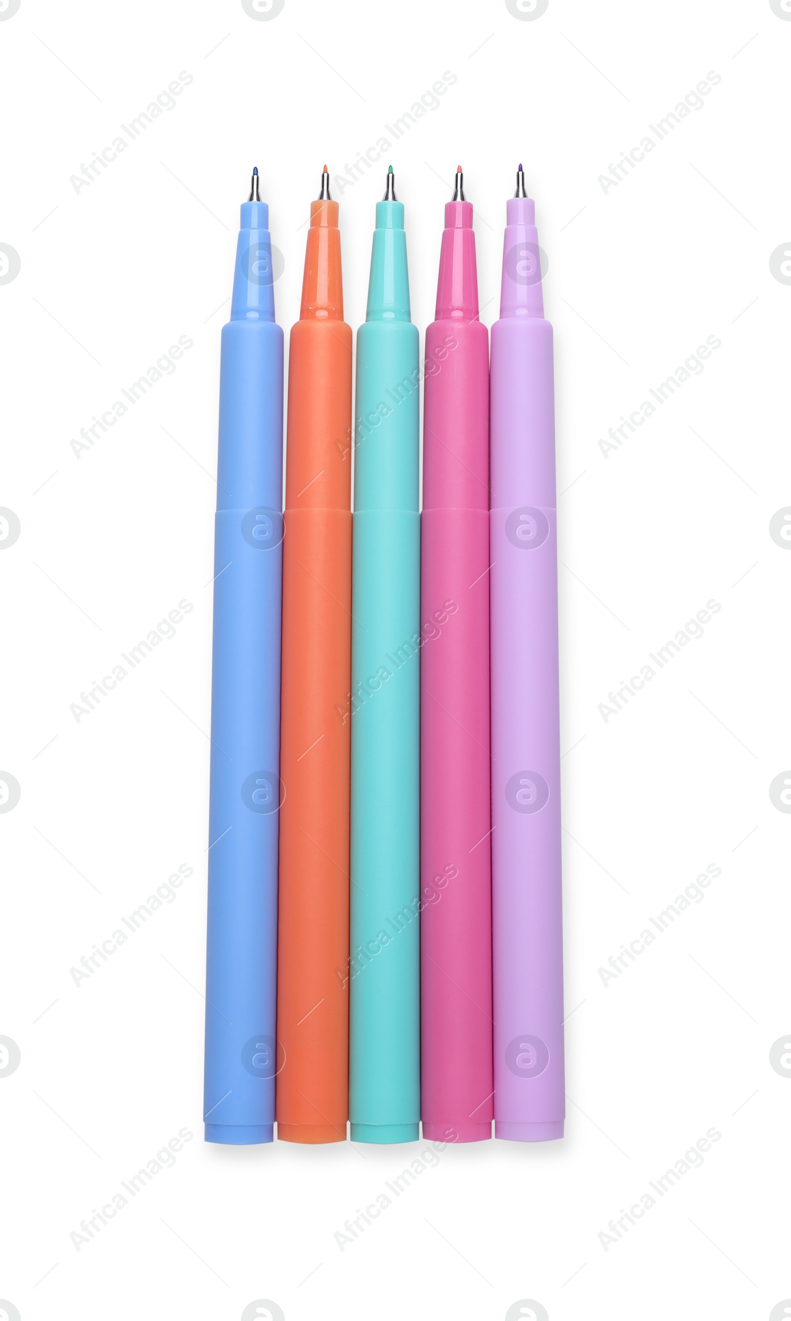 Photo of Many colorful markers on white background, top view
