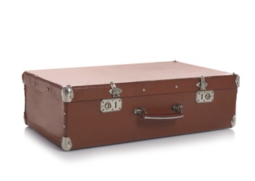 Photo of Classic brown suitcase on white background