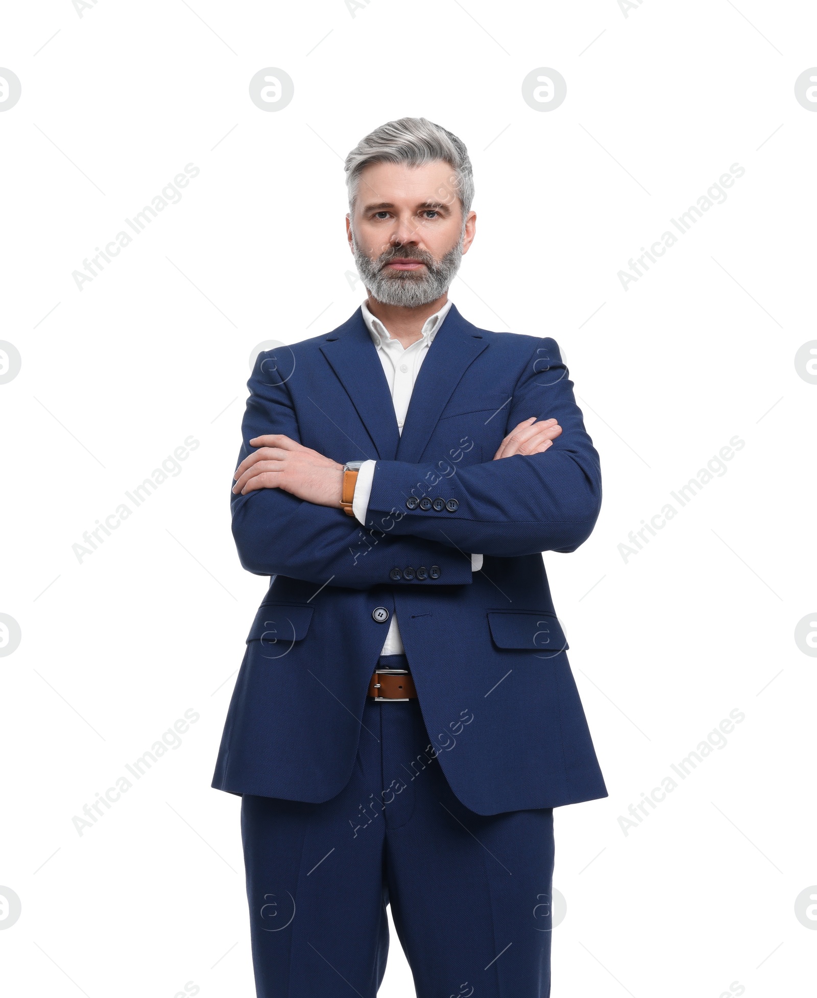 Photo of Mature businessman in stylish clothes posing on white background