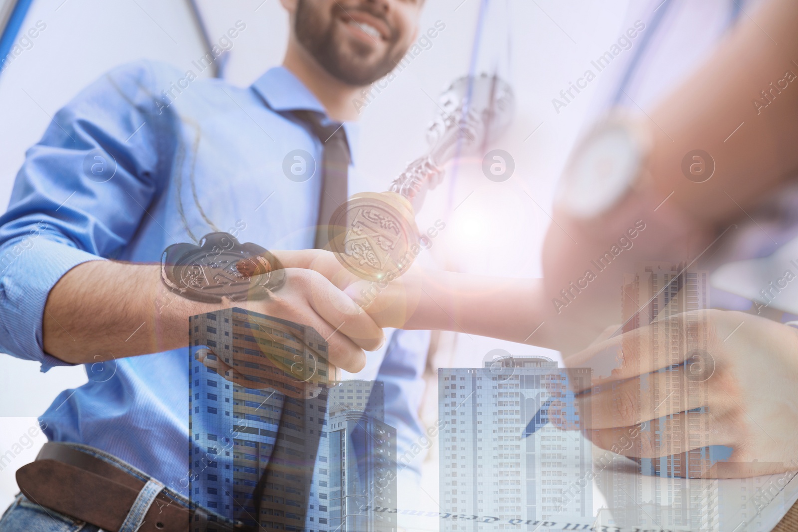 Image of Multiple exposure of man with documents, cityscape and business partners shaking hands, closeup