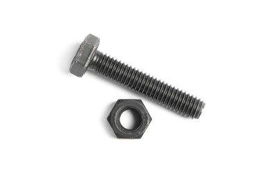 Photo of Metal bolt with nut on white background, top view