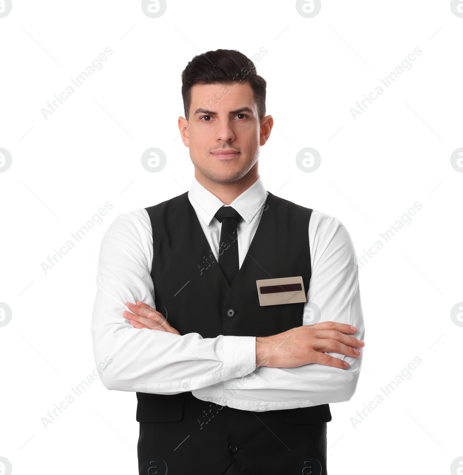 Photo of Portrait of happy receptionist in uniform on white background