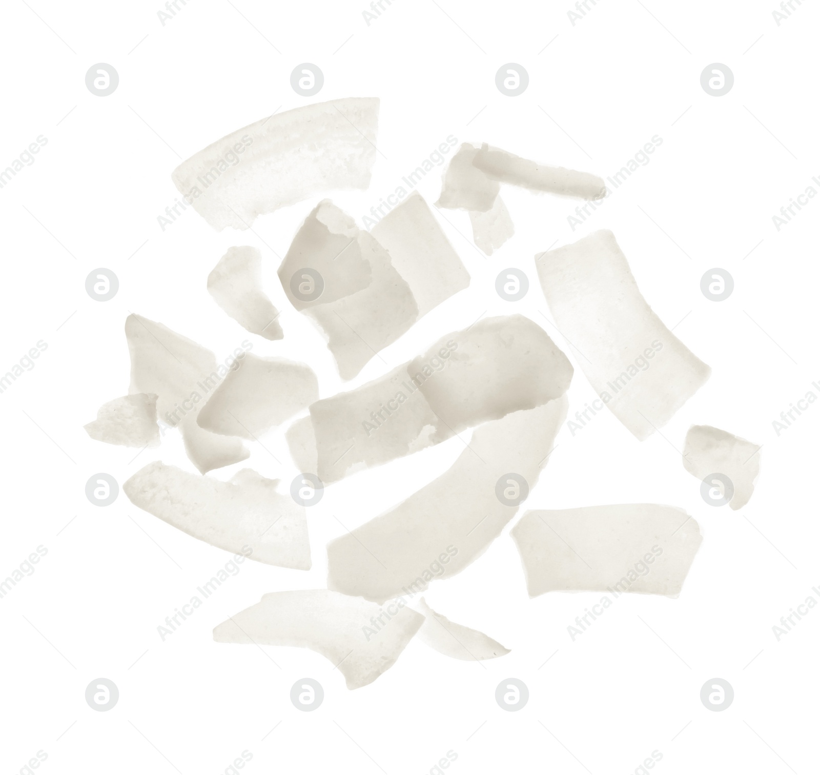 Photo of Fresh coconut flakes on white background, top view