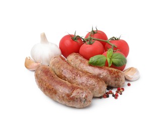 Photo of Tasty homemade sausages, peppercorns, tomatoes, garlic and basil leaves isolated on white