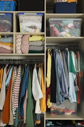 Photo of Wardrobe closet with different stylish clothes and home stuff. Fast fashion