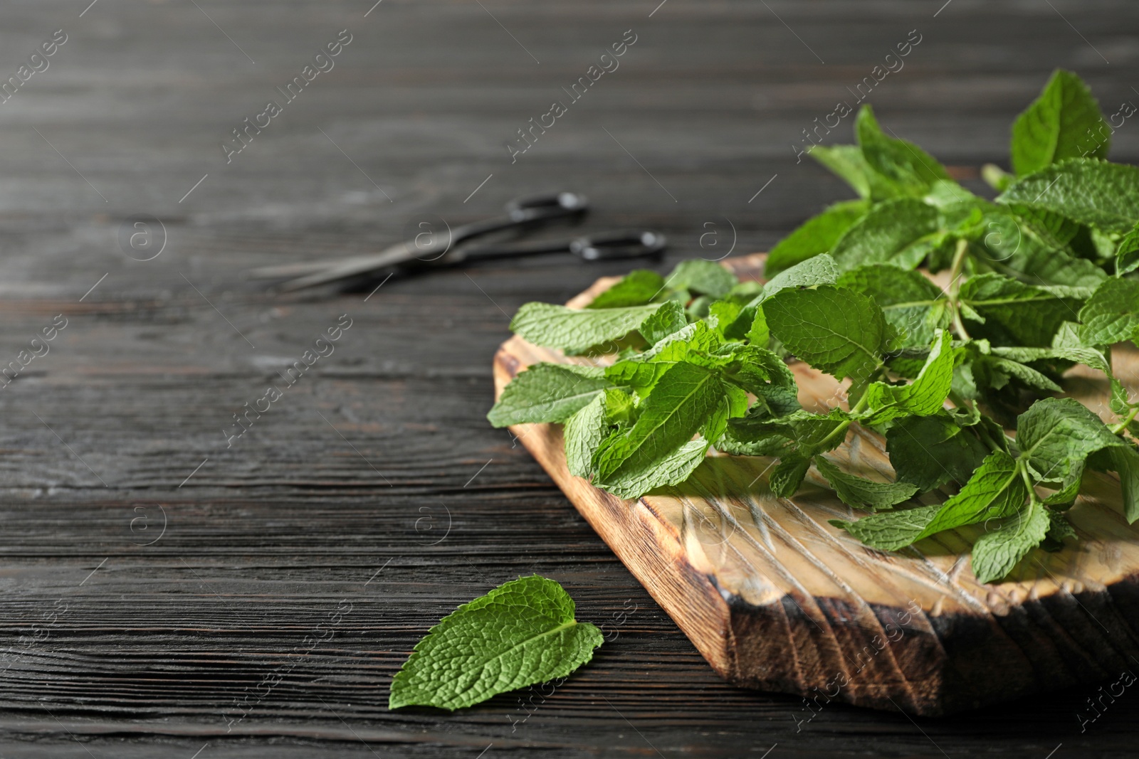 Photo of Fresh mint on wooden board, closeup