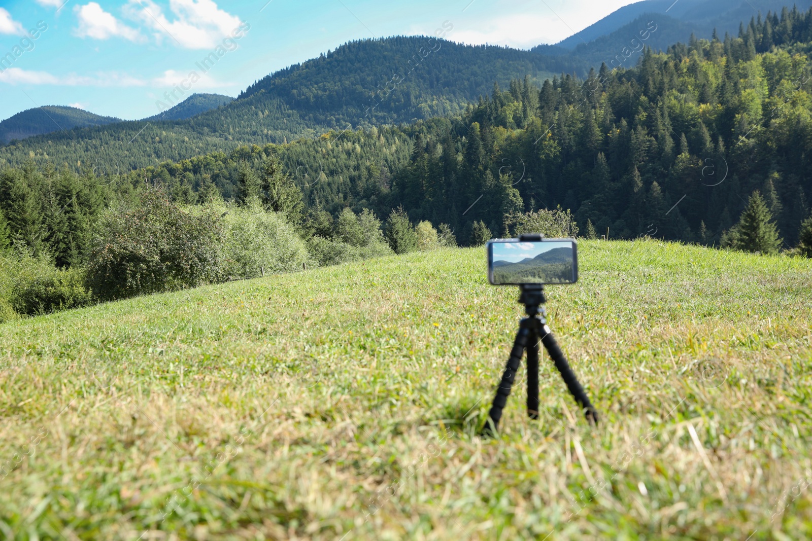 Photo of Taking photo of beautiful mountain landscape with smartphone mounted on tripod outdoors, space for text