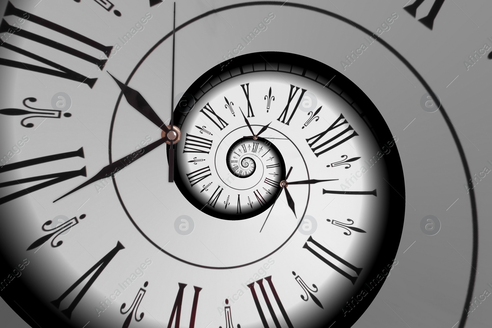 Image of Infinity and other time related concepts. White clock face with roman numerals twisted in spiral, fractal pattern