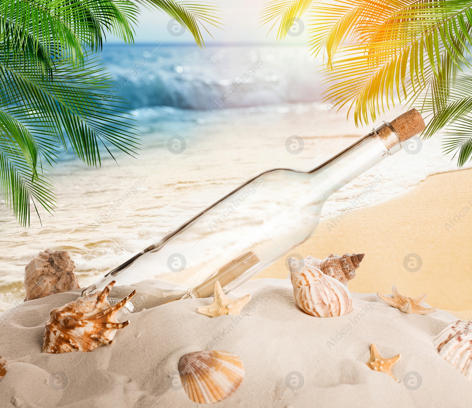 Image of Corked glass bottle with rolled paper note and seashells on sandy beach near ocean