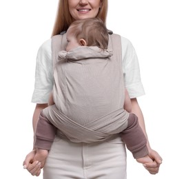 Photo of Mother holding her child in sling (baby carrier) on white background, closeup
