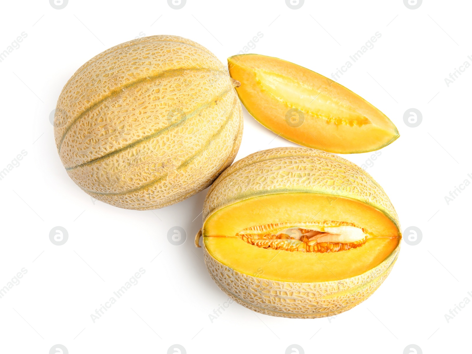 Photo of Tasty fresh cut and whole melons isolated on white, top view