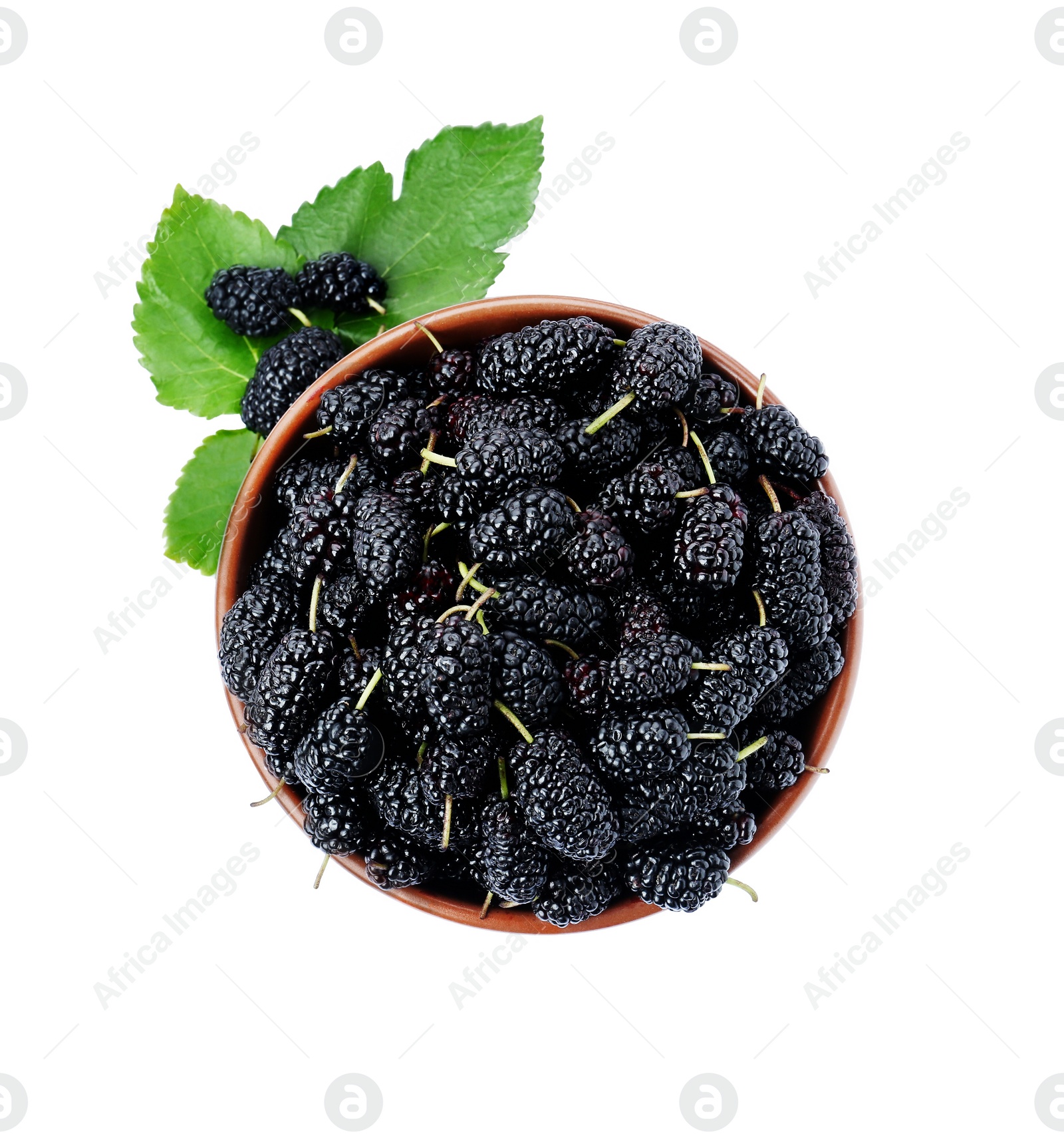 Photo of Ripe black mulberries and leaves on white background, top view