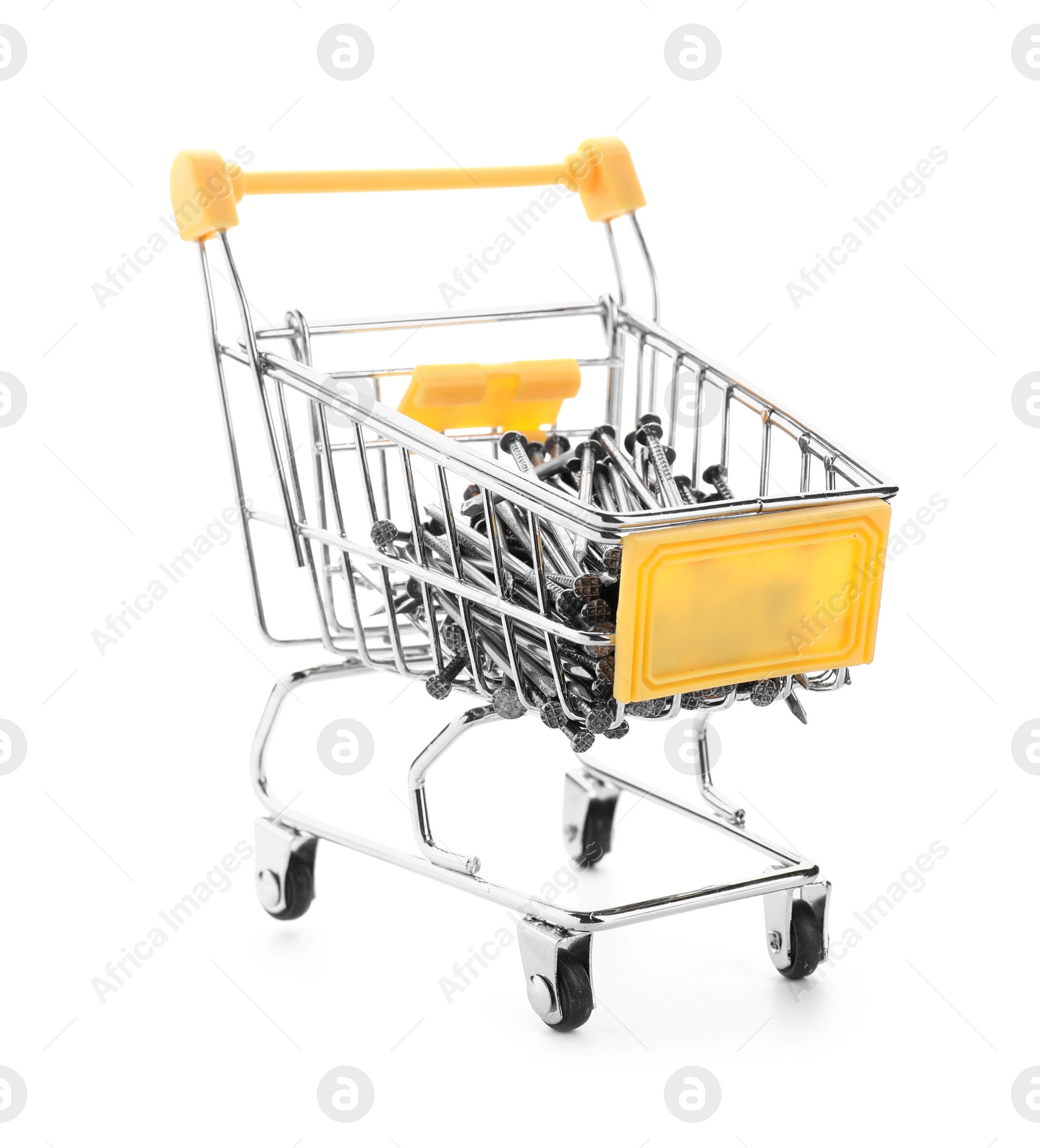 Photo of Small shopping cart with metal nails isolated on white. Construction tools