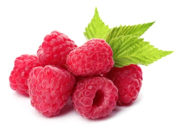 Photo of Delicious fresh ripe raspberries with leaves on white background