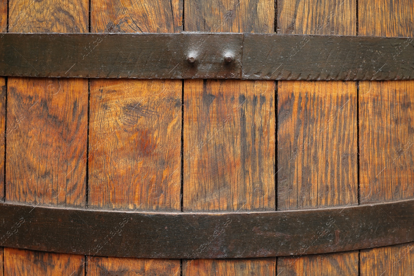 Photo of Traditional wooden barrel as background, closeup. Wine making