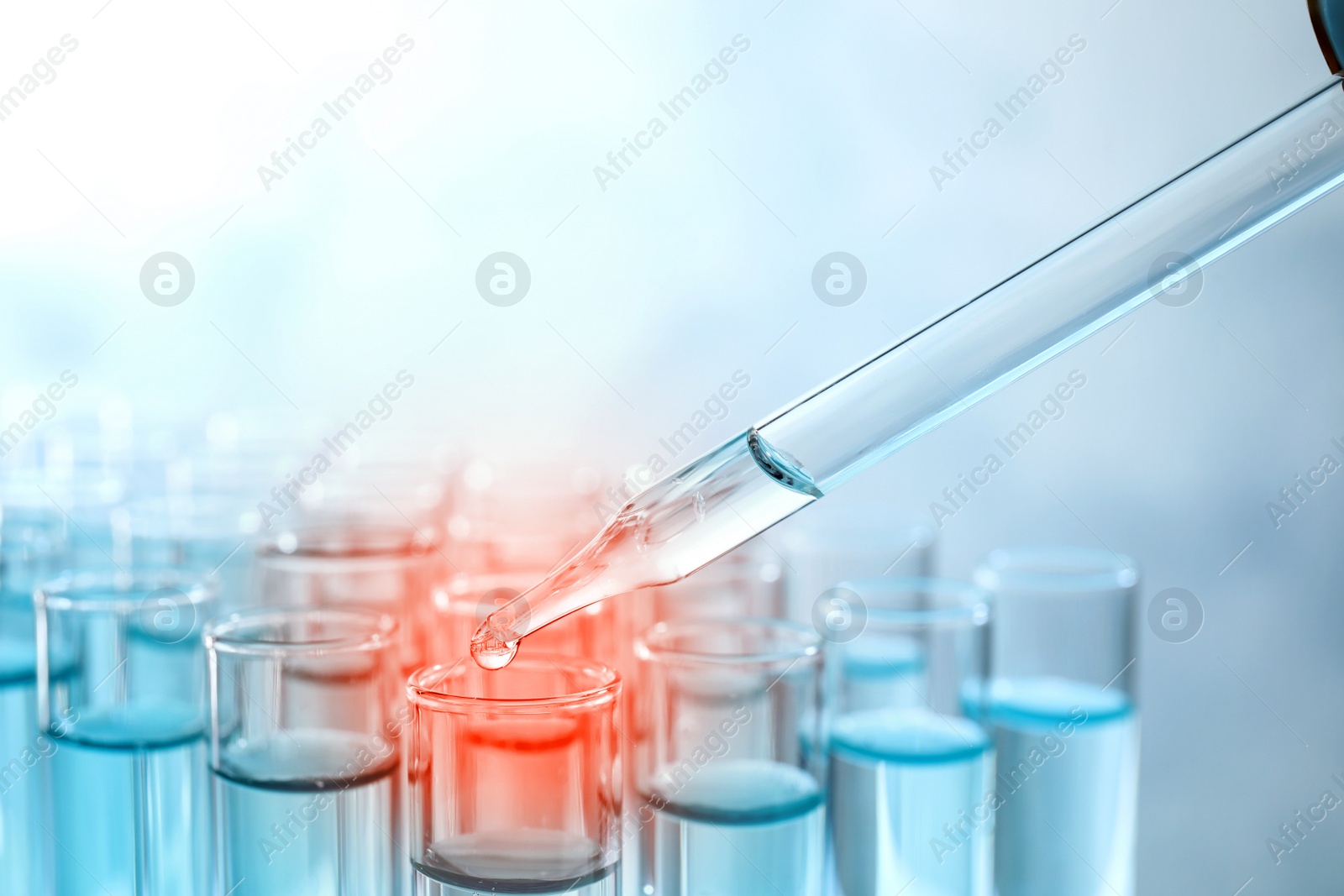 Image of Dripping sample into test tube with liquid, closeup. Laboratory analysis