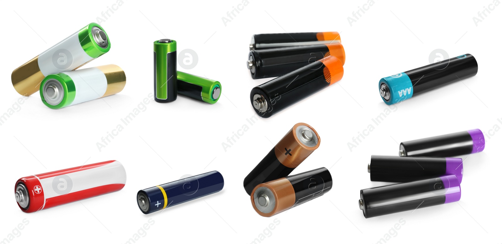 Image of Many batteries of different types on white background, collage. Banner design